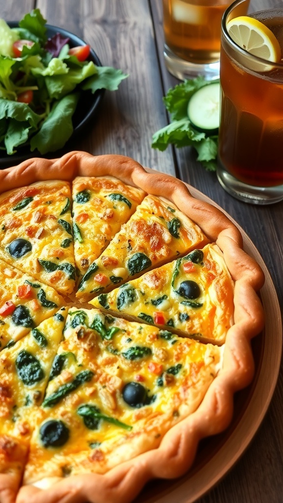 A slice of quiche with spinach and cheese on a wooden table, served with a fresh salad.